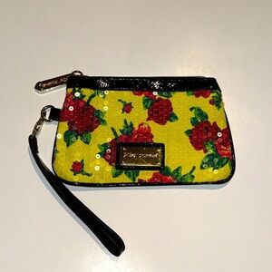 Betsey Johnson Twinkle Toes‎ Wristlet - Sequins - Yellow with Red Roses